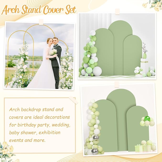 Arch Backdrop Stand and Cover Set of 3 6FT 6.6FT 7.2FT Gold Arch Backdrop Stands and Sage Green Spandex Arched Covers for Party Balloon Metal Arched Frame for Bridal Shower Decorations