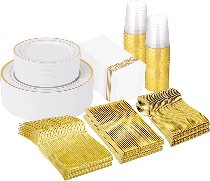 Supernal 400pcs Gold Plastic Dinnerware Set for 50 Guests-Gold Plastic Plates Heavy Duty Disposable Party Plates, 200 Gold Plastic Silverware, Linen Napkins, Clear Cups For Wedding,Birthday