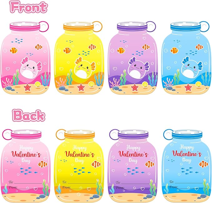 Valentines Day Cards Gifts for Kids Classroom, 24 Pack Axolotl Plush Toy Keychains with Valentines Greeting Cards for Boys Girls Toddlers, Stuffed Animals Set for Class Student School Exchange Party Favors