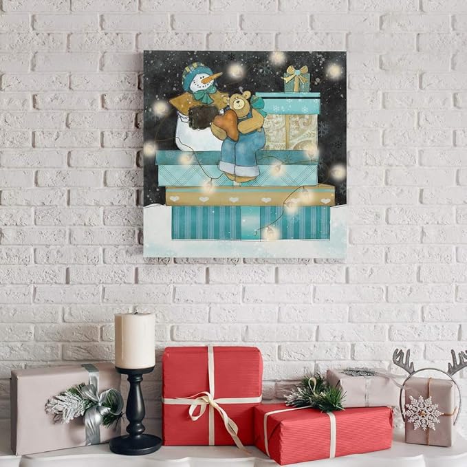 Renditions Gallery Snowman and Teddy Bear Wall (2) Art, Christmas & Winter Decor, Cute Pile of Presents, Premium Gallery Wrapped Canvas, Ready to Hang, 40 in H x 40 in W, Made in America