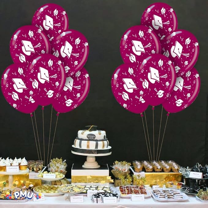 PMU 100 Pcs Burgundy Graduation Balloons Class of 2025 with All-Over Print White Grad Caps-Confetti and Streamers | Graduation Party Supplies | Congratulations Grad Latex Balloons Latex