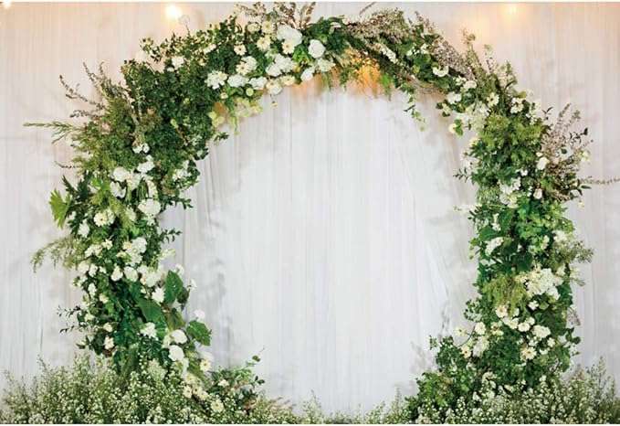 OERJU 10x7ft Romantic Wedding Backdrop 3D Arched Wreath White Curtain Bridal Floral Wall Photography Background Valentine's Day Bridal Shower Reception Ceremony Decor Banner Vinyl Wallpaper