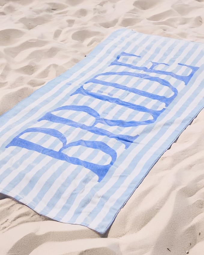 xo, Fetti Bride Blue Stripe Beach Towel - 100% Cotton | Bachelorette Decorations, Coastal Bridal Shower Gift, Poolside Bride to Be, Bridesmaid Gift, Beach Bach Supplies