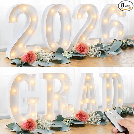 2026 Graduation Decorations Deals - 8 LED Marquee Light Up Letters 'GRAD 2026' with Remote - Ornaments for Class of 2026 Preschool High School College Wall Table Centerpieces Decor Party Supplies
