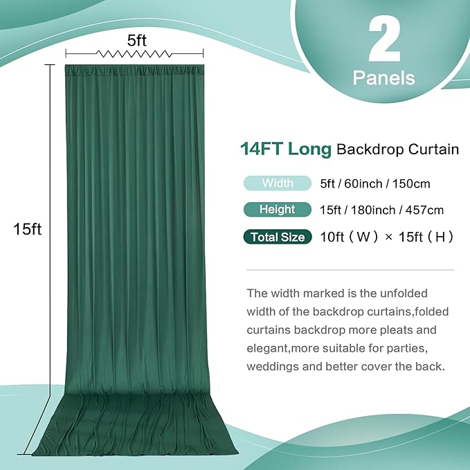 10ft x 15ft Hunter Green Wrinkle Free Backdrop Curtains for Parties,Silky Polyester Fabric Wedding Ceiling Drapes, 2 Panels 15ft Photo Back Drop Drapes for Birthday Photography Stage Background Cloth