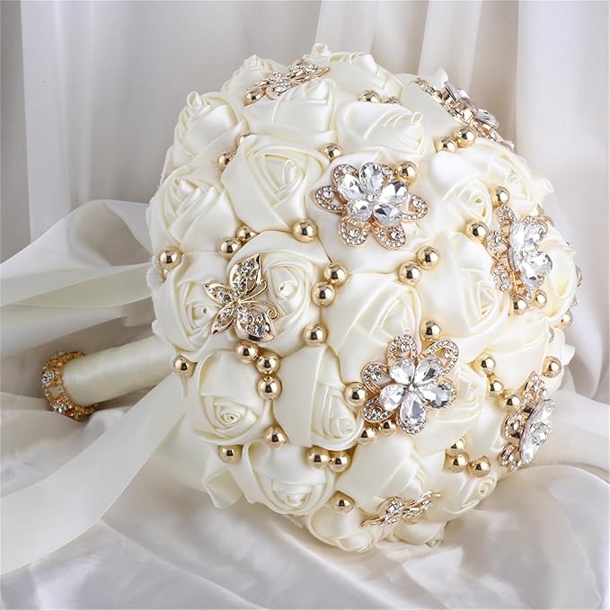 Bridal Wedding Bouquet for Bride Bridesmaid Wedding Quinceanera Throw Toss Artificial Rose Flower Bunch with Bling Brooch (66#Ivory, Medium (Dia. 8.7"/22cm))