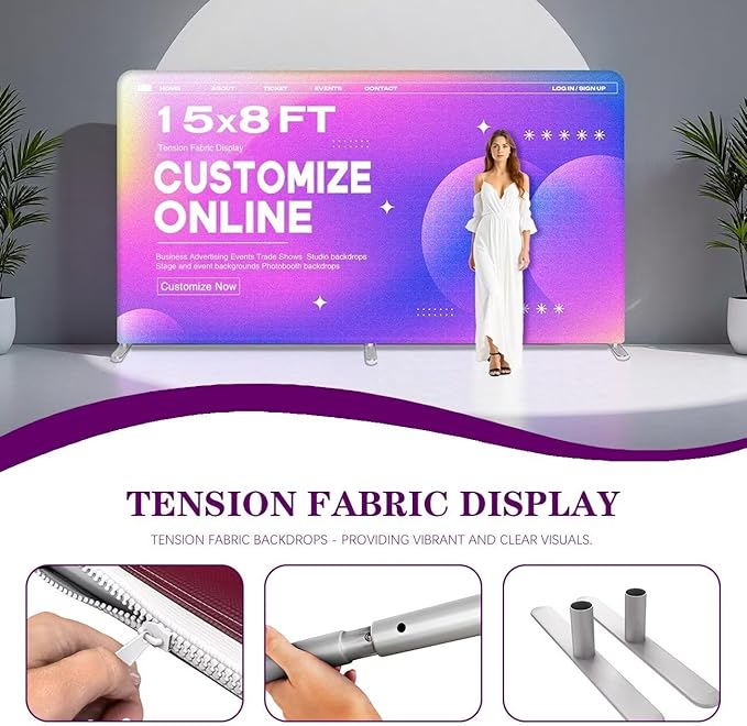 15x8 FT Custom Tension Fabric Backdrop Banner Stand, HD Banner Printing Online Design Tension Fabric Display Stand, Large Portable Trade Show Display Booth for Business, Corporate, Wedding, Mall