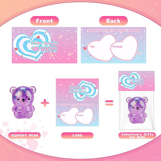 Valentines Day Cards for Kids Classroom, 24Pcs Cute Bear Squishy Toys with Valentine Cards, Valentines Day Gifts for Kids School, Valentine's Day Exchange Gifts Class Exchange Prizes