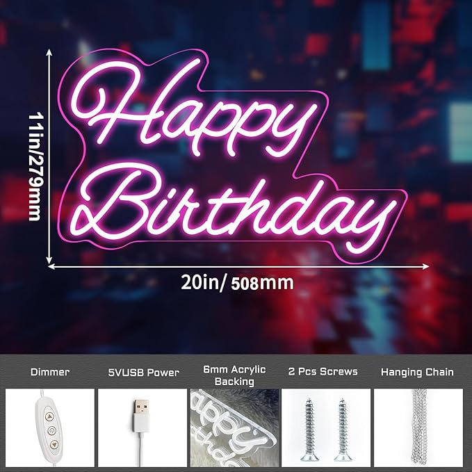 Happy Birthday Neon Sign 20 Inch Reusable Happy Birthday LED Light Up Sign with Dimmable ON/OFF Switch for Birthday Party Backdrop Decoration and Wall Decor and Birthday Gifts