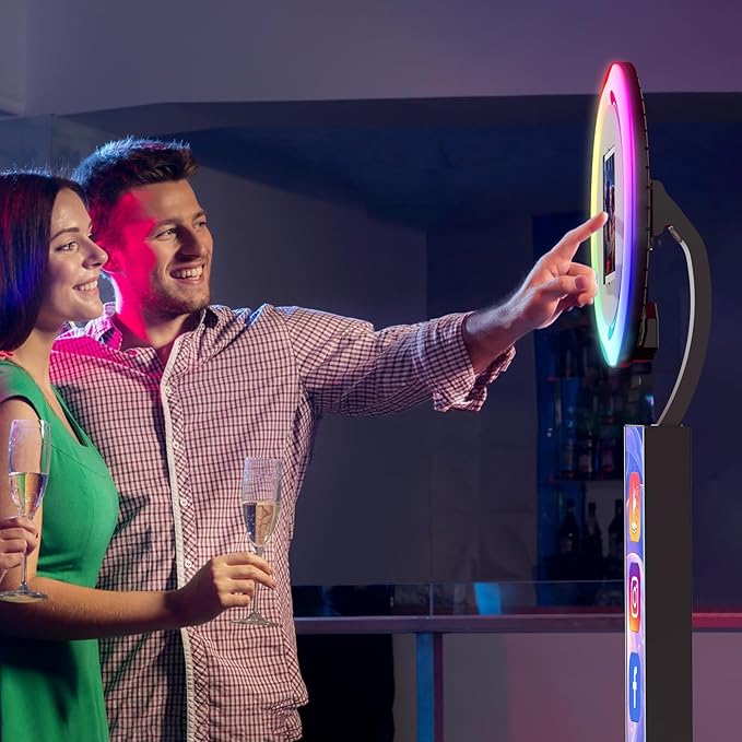 JIYANG Portable Photo Booth Stand Shell with Light Ring,Fits for Any Size iPad, Photo Booth Shell with Flight Case,Black Selfie Photo Booth with Chacktok Software Perfect for Wedding