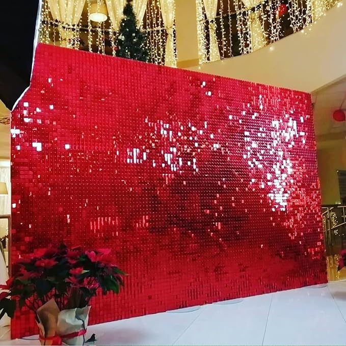 COKAOBE Red Shimmer Wall Backdrop, 24PCS Square Sequin Shimmer Backdrop Panel, Photo Backdrops for Birthday, Anniversary, Wedding, Graduation & Bachelorette Party Decoration