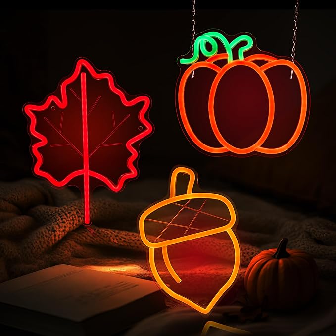 Hanna Roberts 3 PcsThanksgiving Neon Sign, Pumpkin Maple Leaf Acorn Neon LED Lights, USB Powered window lights for Halloween Thanksgiving Party, 3D Wall Art Signs for Home Bedroom Living Room