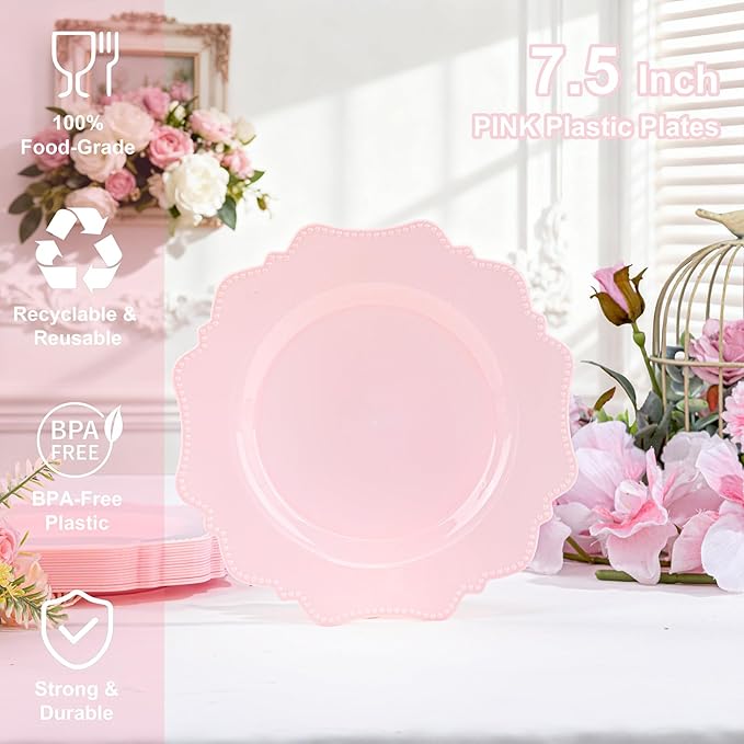 COLOSUS 60pcs Pink Plastic Party Dinner Plates - 9.5 Inch- Heavy Duty Disposable Plastic Dinner Plates for Party Wedding and Everyday Use,Valentine's Day