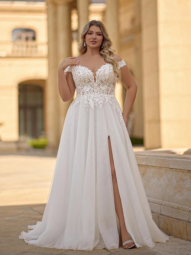 Plus Size Wedding Dresses for Bride Long Sleeve Wedding Bridal Gowns with Lace Appliques Off Shoulder Bride Dress