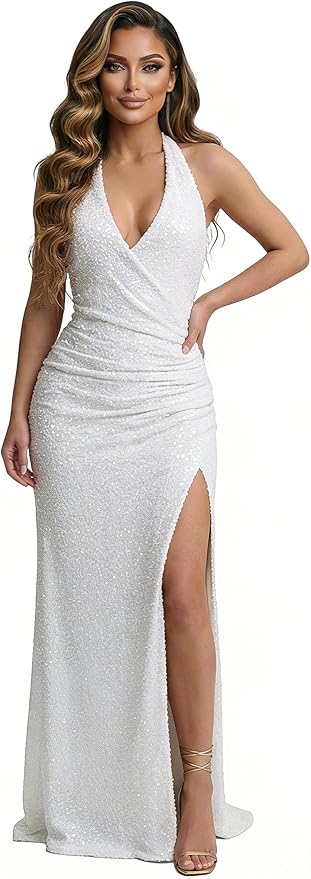 Halter Sequin Prom Dress for Women 2026 Pleats Formal Evening Dress with Slit L01032