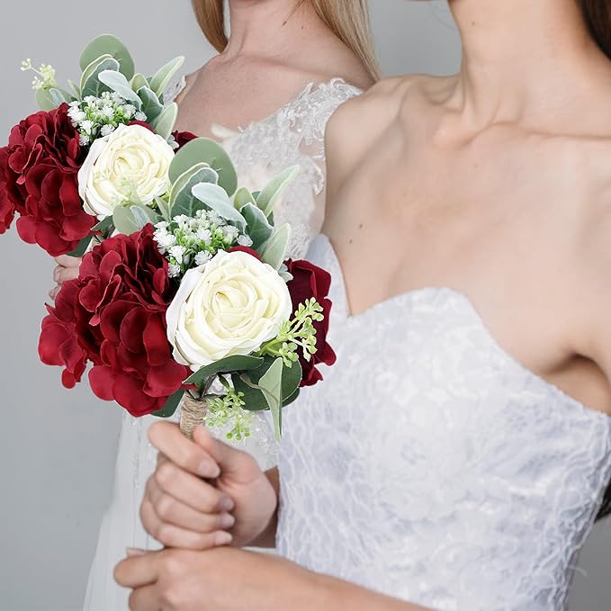 Artificial Flowers Bridesmaids Bouquets Set of 6 - Burgundy and White Bridesmaid Bouquet Handmade Small Silk Rose Floral Bouquet for Wedding Bridal Shower Anniversary Marriage Proposal -7 Inch