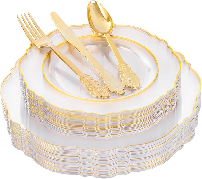 YOUBET 125PCS Gold Plastic Plates - Clear Gold Disposable Plates - 25 Guests Baroque Plastic Dinnerware Includes 25Dinner Plates, 25Dessert Plate, 75Silverware for Party & Wedding