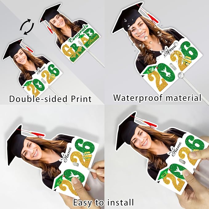 Personalized Graduation Face Fan 2026 Grade Custom Double Sided Face Cutout Fan with Handle Photo Booth Prop Party Supplies(B-Green and Gold,12pcs)