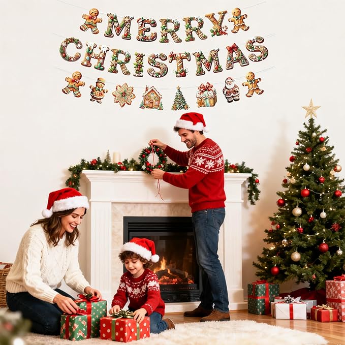 YUNZLAN 12 Pcs Gingerbread Christmas Banner, Merry Christmas Banner Hanging Decor for Home, Door, Garden for Xmas and Winter Holiday Party Decorations Favors Supplies (12)