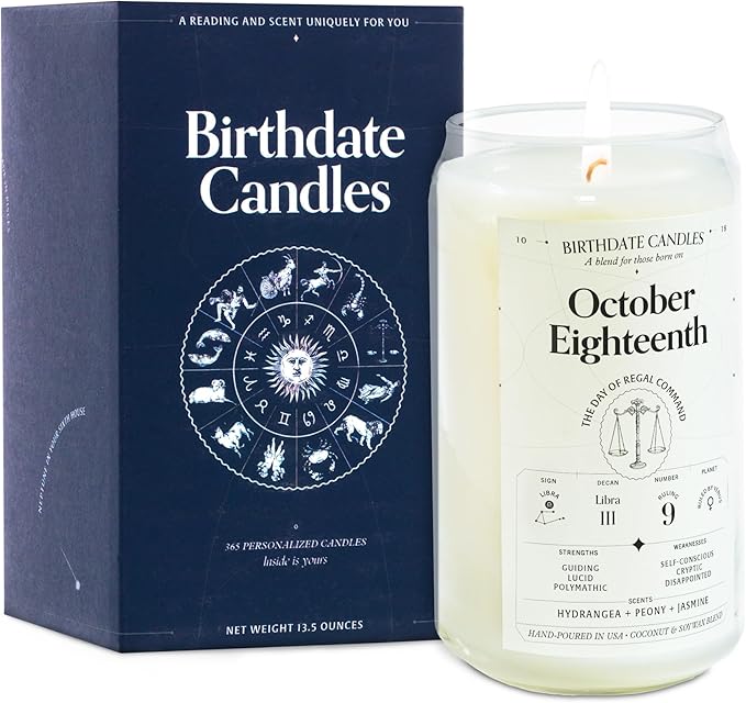 Birthdate Candles, October 18 - Libra Zodiac Scented Candles Birthday Gift - Hydrangea, Peony & Jasmine Scent - All-Natural Soy & Coconut Wax, 60-80 Hour Burn Time - Made in USA