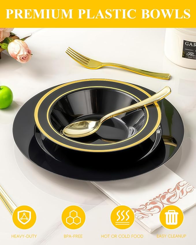 BESTSTAR 100 Pack Black Disposable Bowls with Gold Rim, 12oz Black Plastic Soup Bowls for Party, Wedding, Holiday,And Halloween