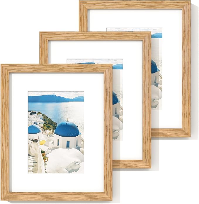 Axeman 8x10 Picture Frame - Solid Oak Wood 8''x10'' Frame With Mat For 5x7, 8 x 10 Photo Frame Wood, Plexiglass And Hanging Hardware Included, Wall And Tabletop Display, Oak 3PCs