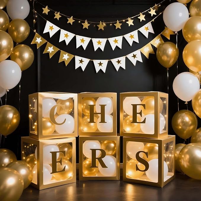 Ledido Transparent Balloon Boxes, Clear Balloon Boxes with 5 Pcs String Lights and 78 Letters for Baby Shower Gender Reveal 2026 New Year Grad Party Birthday Anniversary Bridal Decor - 5 Gold Boxes
