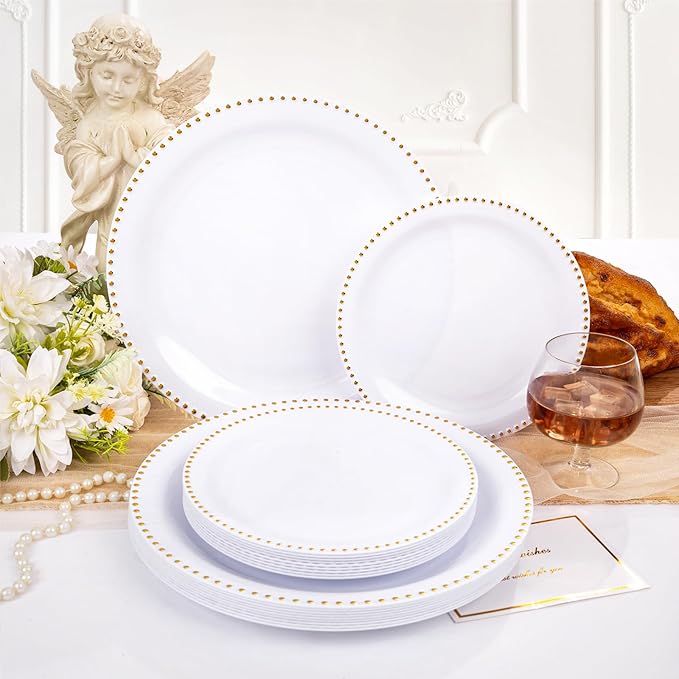 Rubtlamp 60Pcs White Gold Plastic Plates, White Disposable Plates With Gold Beaded, Heavyduty Plastic Plates Include 30 Dessert Platos, 30 Dinner Platos for Party