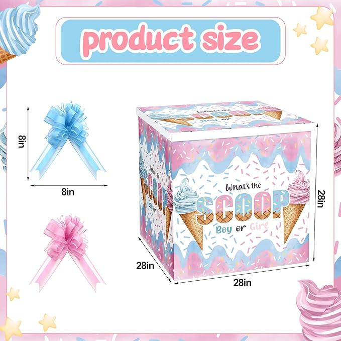 AmazingSpark 28in Jumbo Gender Reveal Gift Box Kit with Oversized Box Giant Pull Bows for Gender Reveal Baby Shower Birthday Party Decor(What's the Scoop)