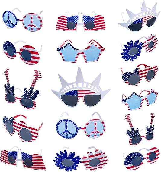 16 Pack American Flag Glasses for 4th of July Party, Patriotic Independence Day Decorations, Red White and Blue Photo Booth Props, Novelty Glasses and Party Supplies