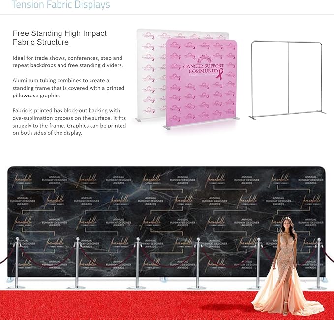 8x8 FT Custom Tension Fabric Backdrop Banner Stand, HD Banner Printing Online Design Tension Fabric Display Stand, Large Portable Trade Show Display Booth for Business, Corporate, Wedding, Mall