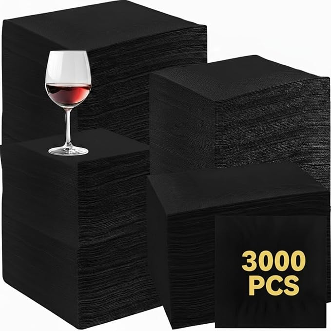 Henoyso 3000 Pack 2 Ply Black Cocktail Napkins Bulk 9.8'' x 9.8'' Disposable Bamboo Dinner Beverage Paper Napkins for Wedding Bar Party Birthday Cocktail Holiday Elegant Restaurant Event