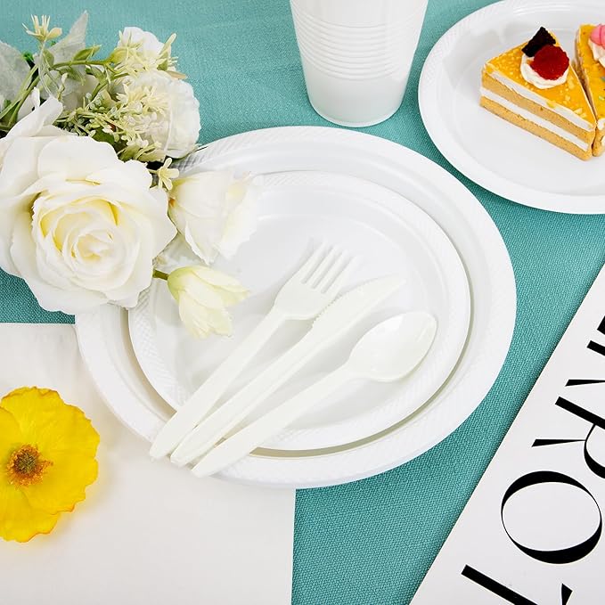 MirthMood 350PCS White Disposable Plates, Round Solid Color Disposable Plates for Party, including 50 Dinner Plates,50 Dessert Plates,50 White Silverware,50 Napkins and 50 16OZ Cups