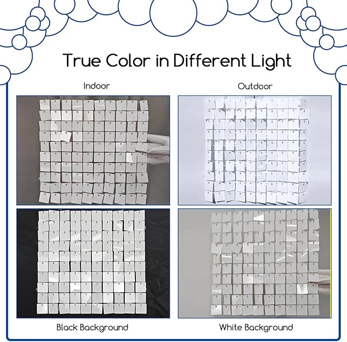 COKAOBE Mirror White Shimmer Wall Backdrop, 24PCS Square Sequin Shimmer Backdrop Panel, Photo Backdrops for Birthday, Anniversary, Wedding, Graduation & Bachelorette Party Decoration