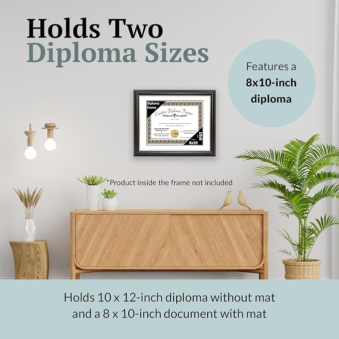 Creative Picture Frames 8" x 10" Rockefeller Black with Gold Rim Diploma Frame, Displays 8" x 10" Certificate or 10" x 12" Document without Mat, College Degree Frame, Full-Strength Glass, White Mat