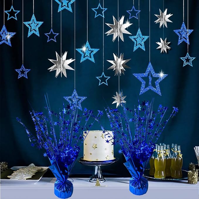 18 Pack Metallic Foil Spray Centerpiece Star Table Decoration Burst Glitter Tabletop Centerpieces for Birthday Christmas New Years Nye Wedding Graduation Holiday Party Supplies Decor, Blue