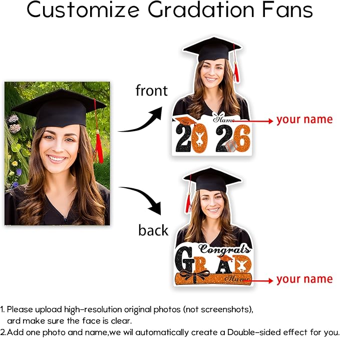 Personalized Graduation Face Fan 2026 Grade Custom Double Sided Face Cutout Fan with Handle Photo Booth Prop Party Supplies(B-Orange and Black,12pcs)