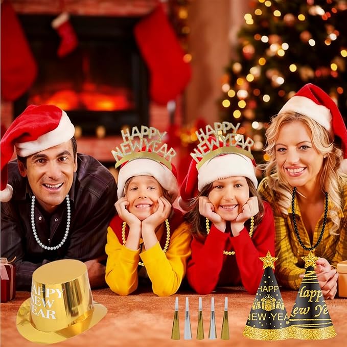 2026 New Year Decorations Set for 24 Guests - Hats, Headbands, Conical Hats, Beaded Necklaces, Noise Makers