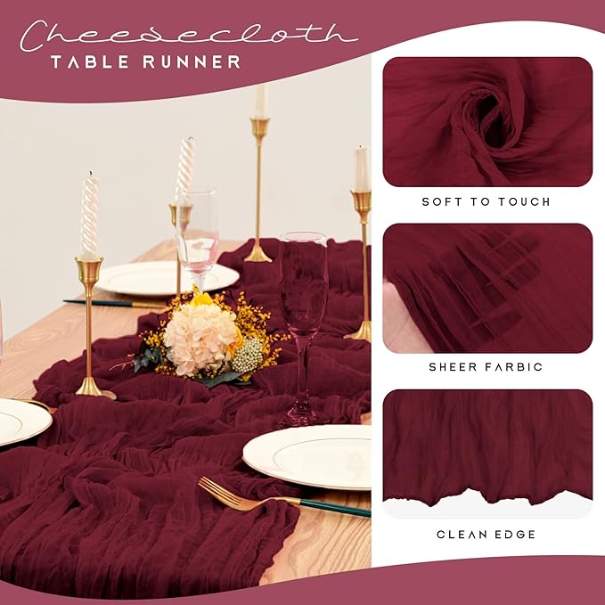 12 Pack Cheesecloth Table Runner 35 x 120 inch Long Boho Cheese Cloth Gauze Table Runners Semi Sheer Table Runner for Wedding Decor, Bridal Shower, Birthday Party (Burgundy)