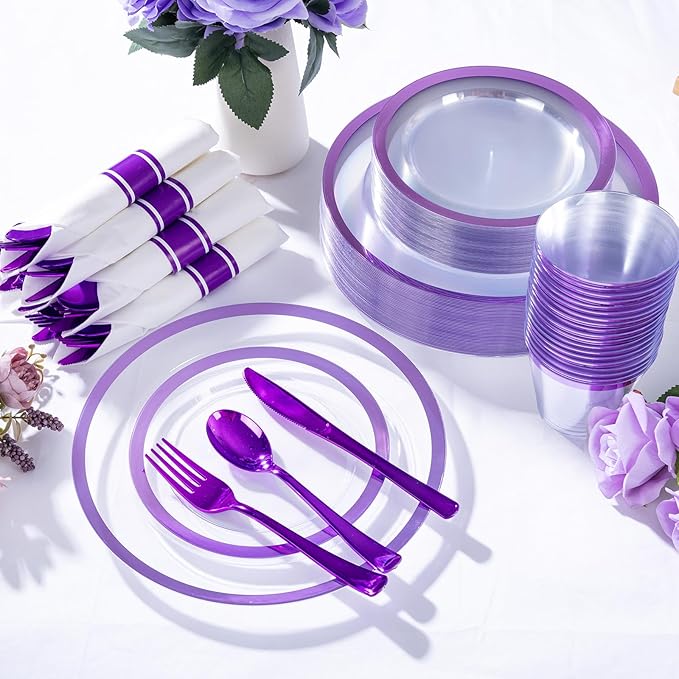 I00000 350 Pcs Clear Purple Plates for 50 Guests, Purple Dinnerware Include 100 Plates, 50 Cups, 50 Pre Rolled Napkins with Cutlery Set for Party and Wedding