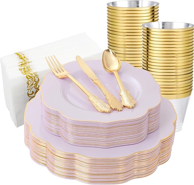 NOCCUR 175PCS Purple Plastic Plates with Gold Disposable Silverware - Include 50 Lavender and Gold Plastic Plates,25 Knives,25 Forks,25 Spoons,25 Cups and 25 Napkins - Ideal for Wedding/Spring Party