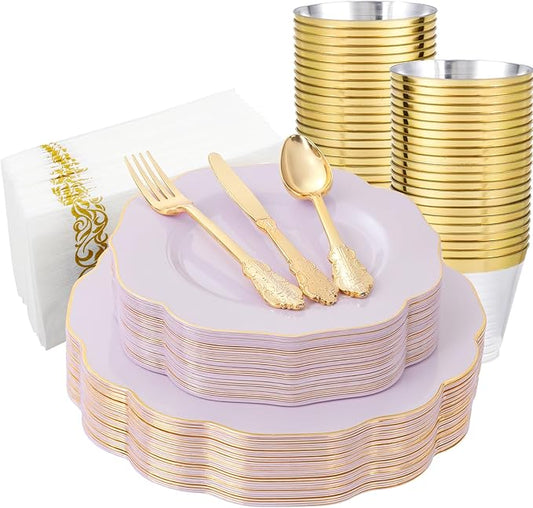 NOCCUR 175PCS Purple Plastic Plates with Gold Disposable Silverware - Include 50 Lavender and Gold Plastic Plates,25 Knives,25 Forks,25 Spoons,25 Cups and 25 Napkins - Ideal for Wedding/Spring Party