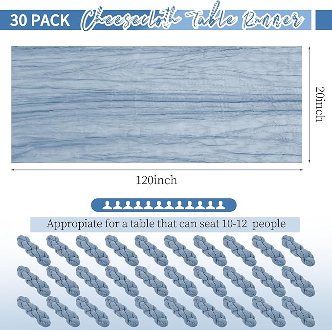 30 Pack Dusty Blue Table Runner 10Ft Cheesecloth Table Runner Boho Gauze Cheese Cloth Table Runners Romantic Long Sheer Fabric Table Runners for Wedding Party Bridal Shower