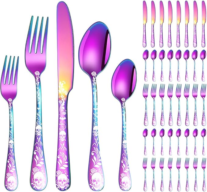 XIAOYU 40 Piece Halloween Skeleton Silverware Set, Tableware Cutlery Set Service for 8, Forks Knives Spoons Sets with Gothic Skull Flower Pattern, Stainless Steel Flatware Set Utensils for Kitchens