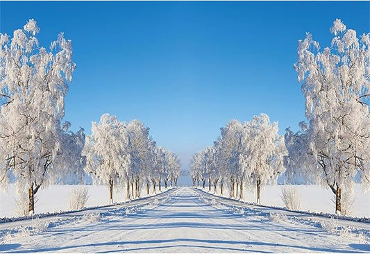 Baocicco 9x6ft Winter Scenery Backdrop Photography Snow Cover Trees Frozen Road Wonderland Christma Xmas Landscape Background Cloth Family Holiday Party Decorations New Year Banner Studio Props
