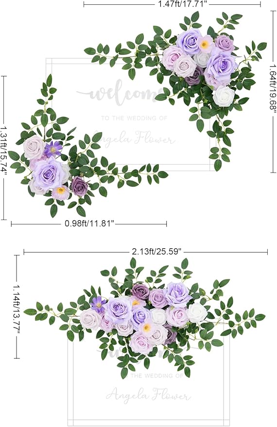 2pcs Purple Deluxe Welcome Sign Artificial Flowers Wedding Backdrop Garland Hanging Floral Arrangements for Ceremony Reception Entryway Board Sweetheart Table