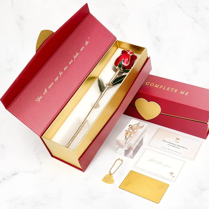 Valentine Gift Real Rose Dipped 24K Gold ，Best Valentines Rose Gift for Her Wife Mother Women，Forever 24k Rose with Crystal Stand-Red