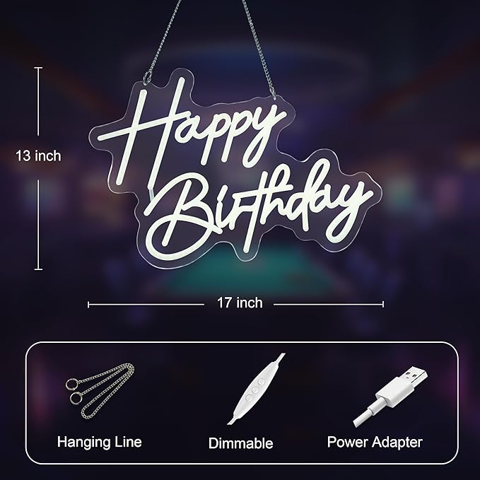 Happy Birthday Neon Sign Art Wall Lights for Beer Bar Club Bedroom Hotel Pub Cafe Wedding Birthday Party Gifts (White)
