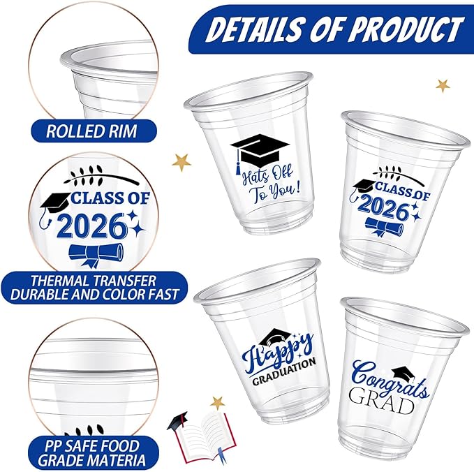 Eaasty 200 Pcs 12oz Graduation Cups 2026 Disposable Plastic Cups for Class of 2026 Graduation Party Congrats Grad Elegant Party Supplies Tableware Decorations (Blue)