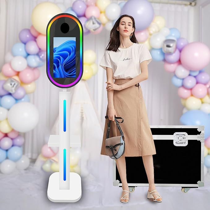Oval Mirror Photo Booth with Flight Case,15.6 in Touch Screen Mirror Photo Booth Magic Mirror Photobooth Selfie for Party Events Wedding Rental (White, Without Camera Printer)